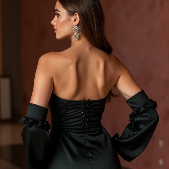 Regal Black Evening Dress & Prom Dress with Satin Drape and Embellished Waist black New Satin