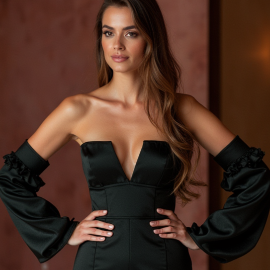 Regal Black Evening Dress & Prom Dress with Satin Drape and Embellished Waist black New Satin