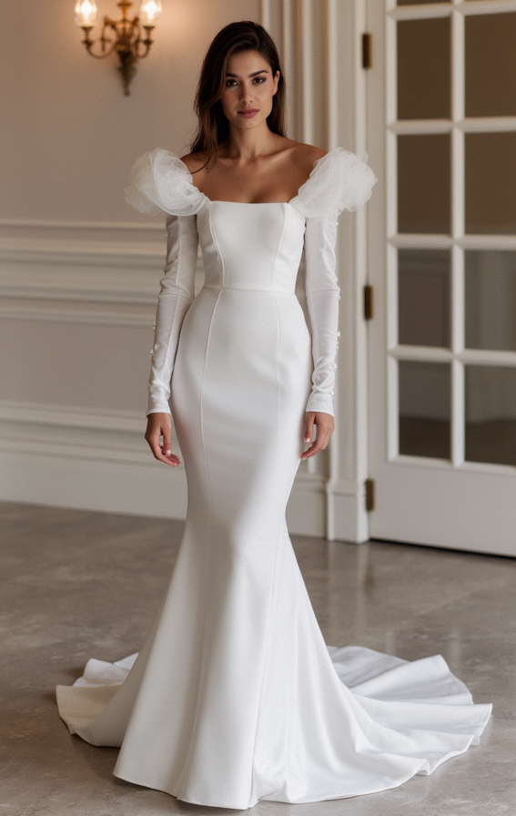 Mermaid White Wedding Dress with a Pleated Skirt for a Structured Fit backless New Satin white