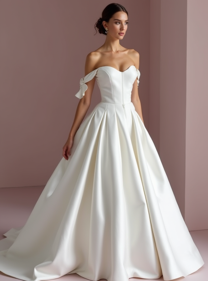 Regal White Princess Ball Gown with Off-Shoulder Draping and a Statement Train backless New Satin white