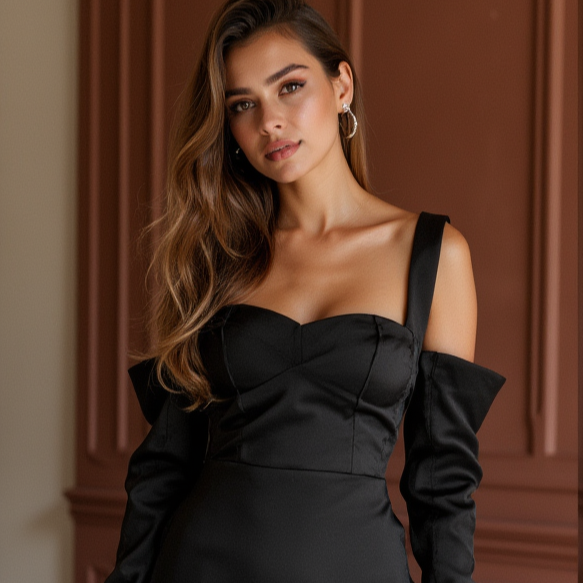 Vintage-Inspired Black Evening Dress & Prom Dress with Crystal Beading black New Satin