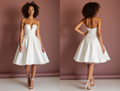 Modern White Mini Short Wedding Dress with Feathered Details for a Unique Bridal Look New Satin white