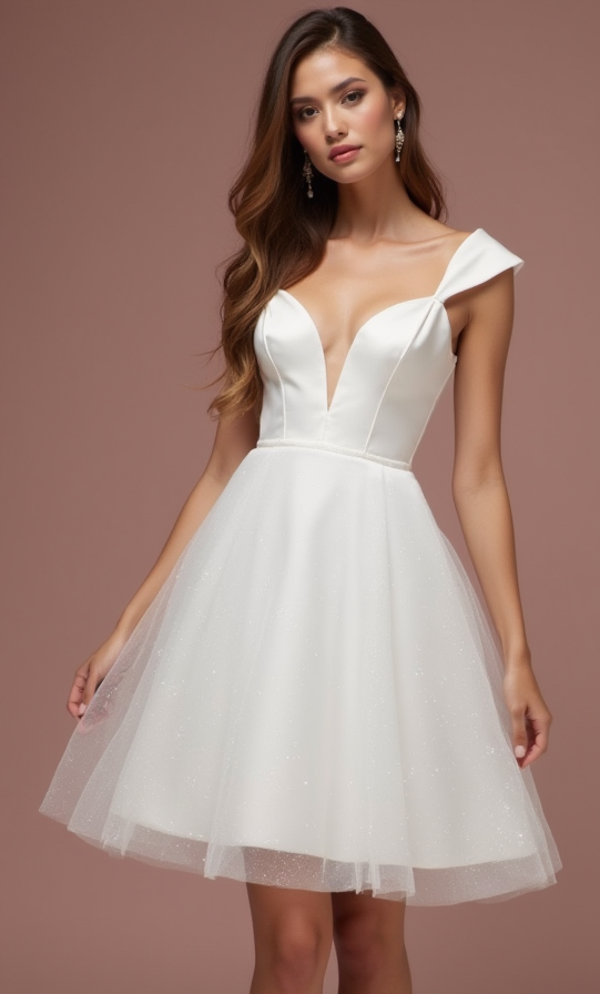 Chic White Mini Short Wedding Dress with a Pleated Skirt for an Elegant and Flattering Fit New Satin white