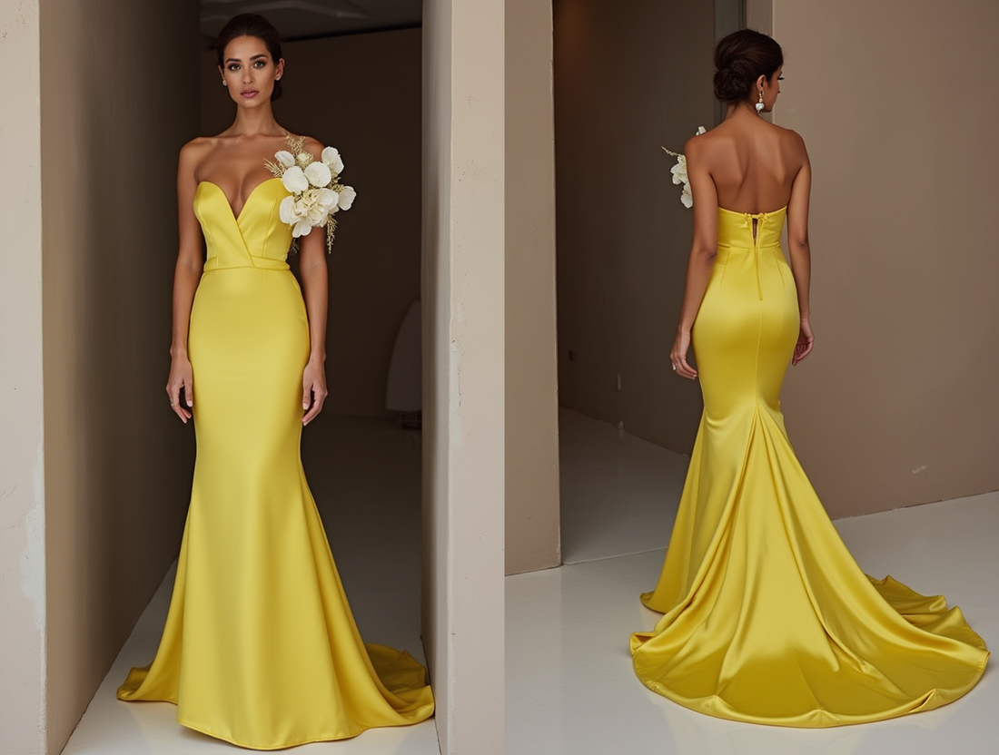 Ultra-Glam Yellow Evening Dress & Prom Dress with Metallic Details New Satin yellow