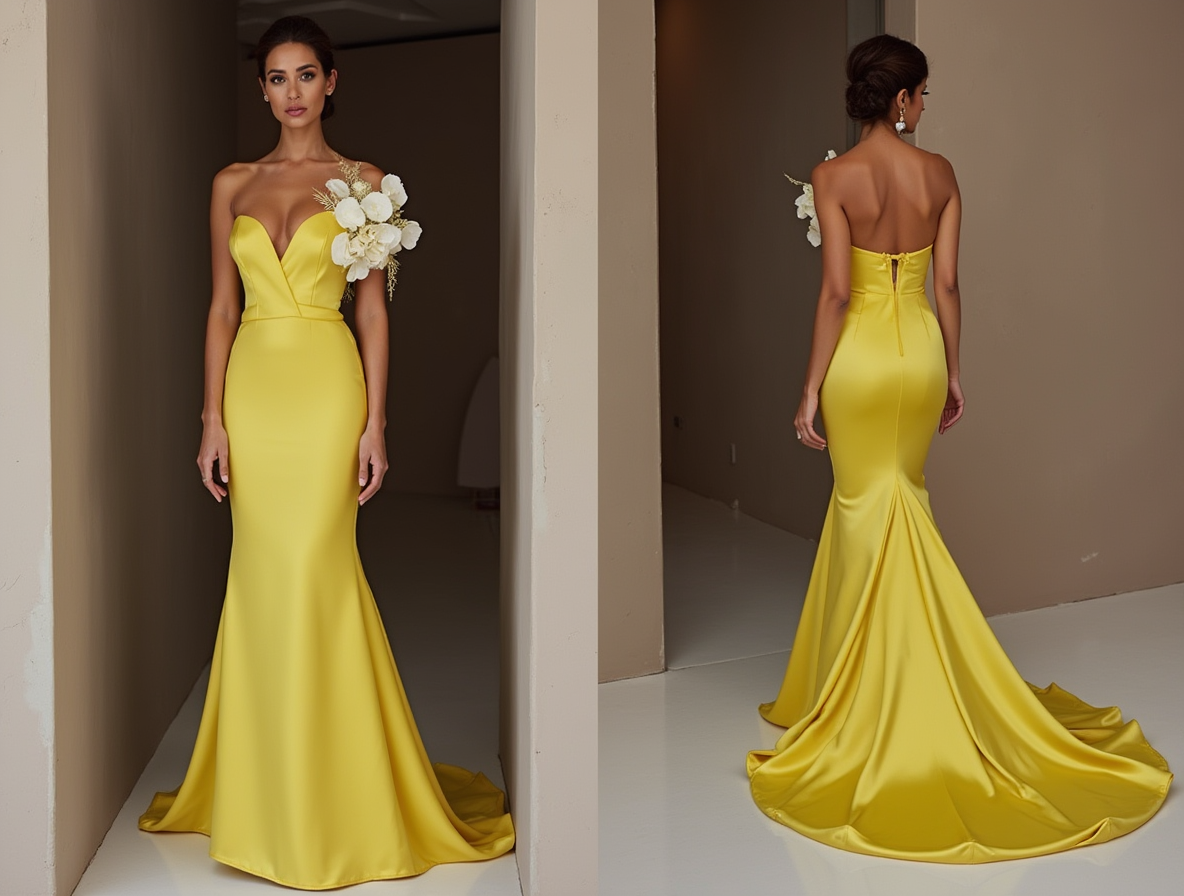 Ultra-Glam Yellow Evening Dress & Prom Dress with Metallic Details New Satin yellow