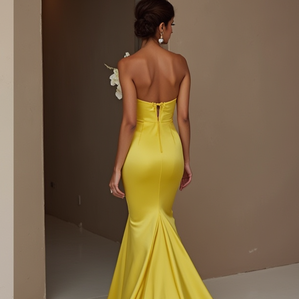 Ultra-Glam Yellow Evening Dress & Prom Dress with Metallic Details New Satin yellow