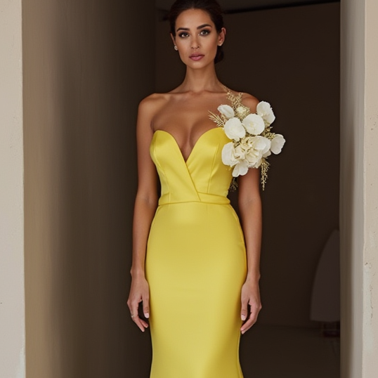 Ultra-Glam Yellow Evening Dress & Prom Dress with Metallic Details New Satin yellow