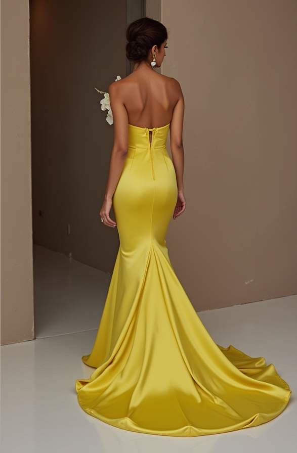 Ultra-Glam Yellow Evening Dress & Prom Dress with Metallic Details New Satin yellow