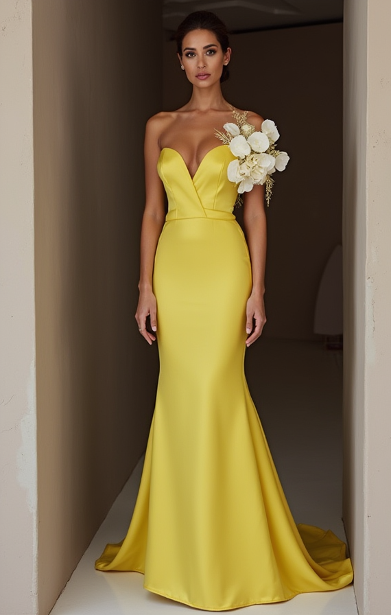 Ultra-Glam Yellow Evening Dress & Prom Dress with Metallic Details New Satin yellow