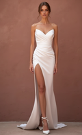 A-Line Wedding Dress with Pleated Skirt for a Timeless Bridal Look backless New Satin split white