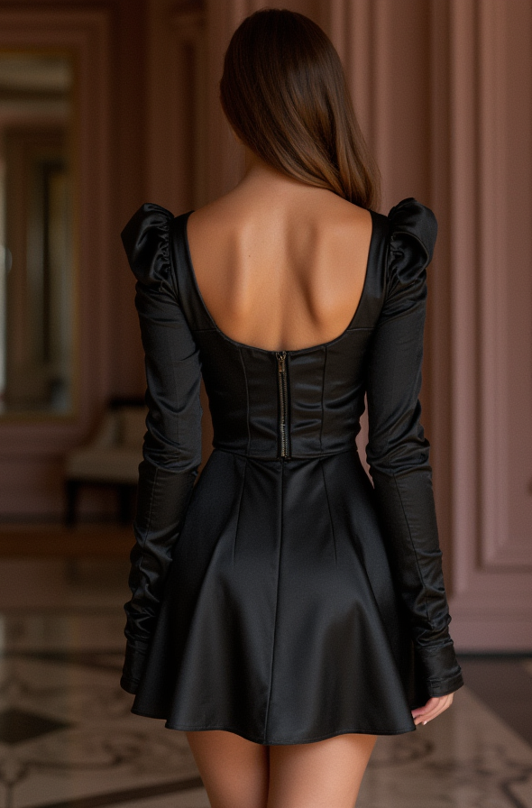 Daring Black Evening Dress & Prom Dress with Feathered Shoulder Details black New Satin