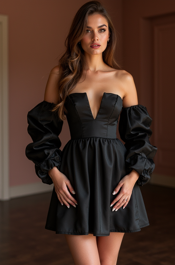 Show-Stopping Black Evening Dress & Prom Dress with Mirror Beadwork for a Sparkly Look black New Satin