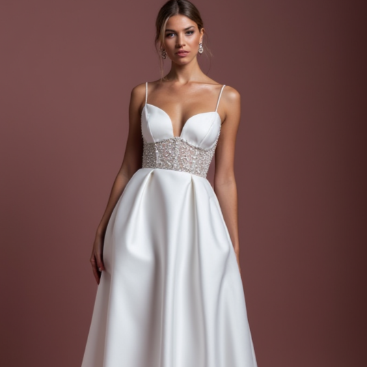 Elegant A-Line White Wedding Gown with Detachable Skirt for Versatility backless New Satin split white