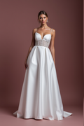 Elegant A-Line White Wedding Gown with Detachable Skirt for Versatility backless New Satin split white