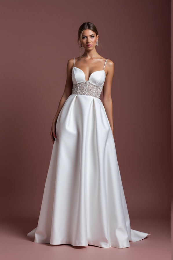 Elegant A-Line White Wedding Gown with Detachable Skirt for Versatility backless New Satin split white