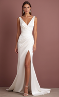 A-Line White Wedding Dress with Button Details for a Vintage-Inspired Look backless New Satin split white