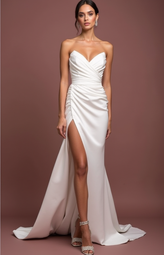 A-Line White Wedding Dress with Button Details for a Vintage-Inspired Look backless New Satin split white