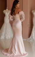Regal Pink Evening Dress & Prom Dress with Satin Drape and Embellished Waist mesh New pink Satin