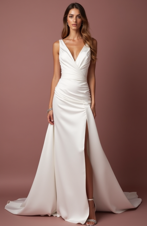 Romantic White A-Line Gown with a Soft Silk Satin Skirt for Luxury backless New Satin split white