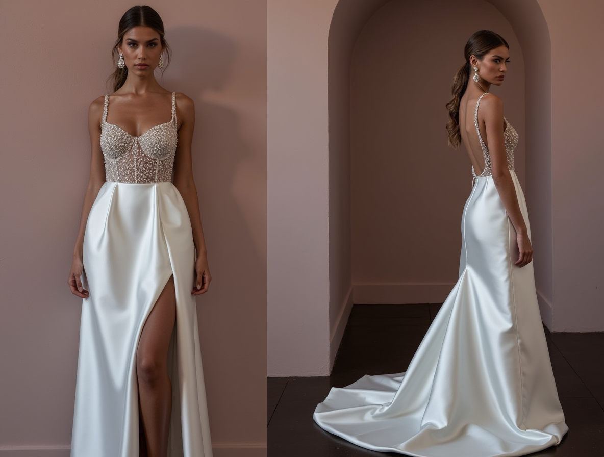Romantic A-Line Wedding Dress with Long Sleeves for a Winter Wedding backless mesh New Satin split