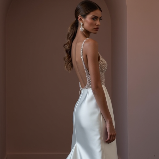 Romantic A-Line Wedding Dress with Long Sleeves for a Winter Wedding backless mesh New Satin split