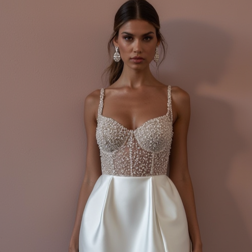 Romantic A-Line Wedding Dress with Long Sleeves for a Winter Wedding backless mesh New Satin split