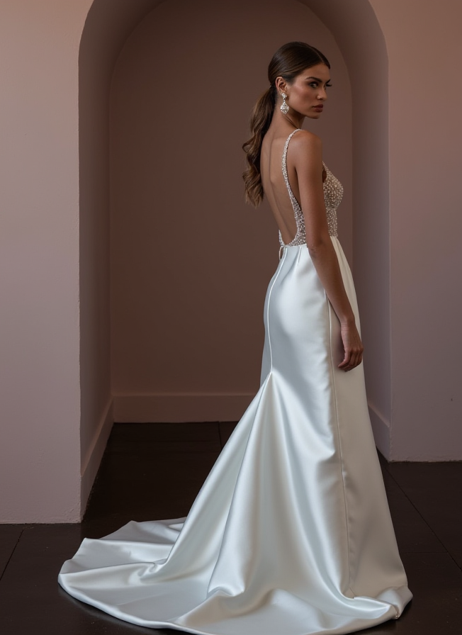 Romantic A-Line Wedding Dress with Long Sleeves for a Winter Wedding backless mesh New Satin split
