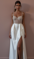 Romantic A-Line Wedding Dress with Long Sleeves for a Winter Wedding backless mesh New Satin split