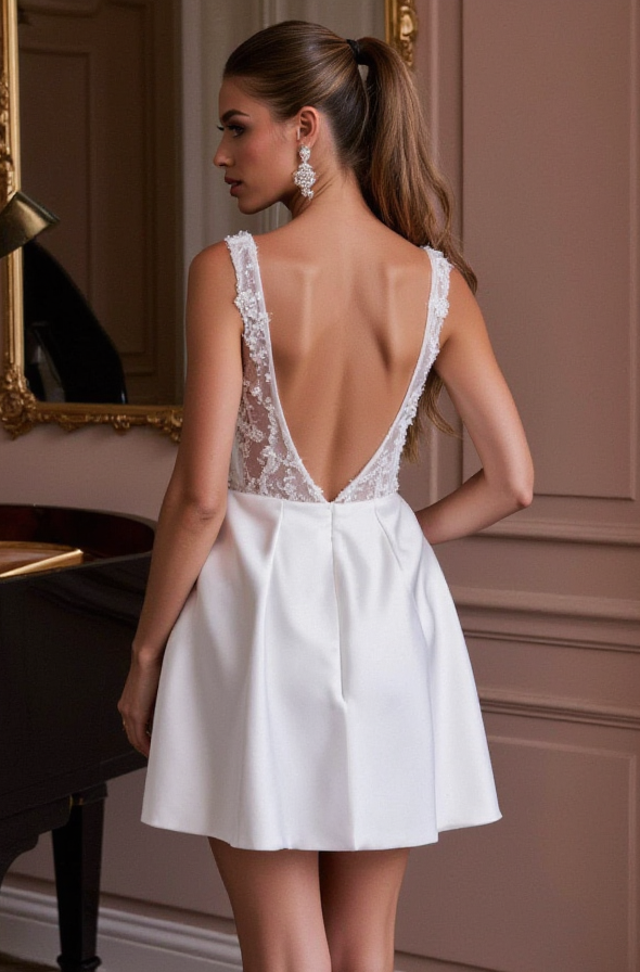 Elegant Short Wedding Dress and Mini Dress with a Flared Skirt for a Playful Touch backless embroidery New Satin Short Wedding Dress silk