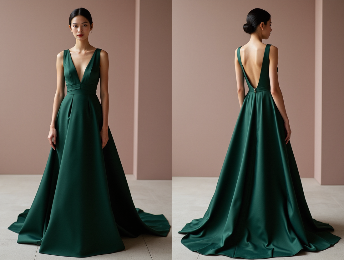 Luxurious Green Evening Dress & Prom Dress with High Neck and Embroidered Details green New Satin