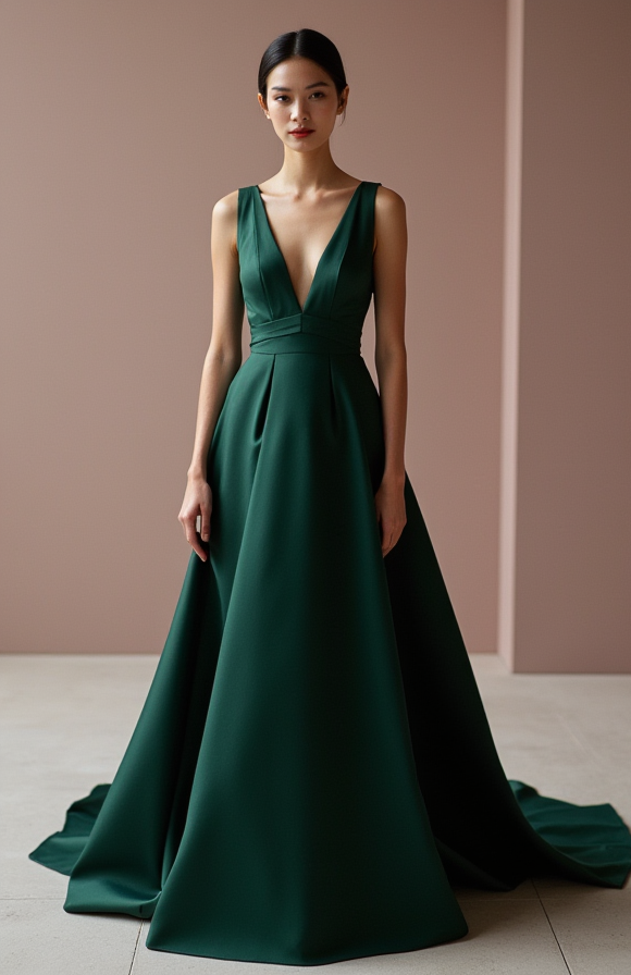 Luxurious Green Evening Dress & Prom Dress with High Neck and Embroidered Details green New Satin