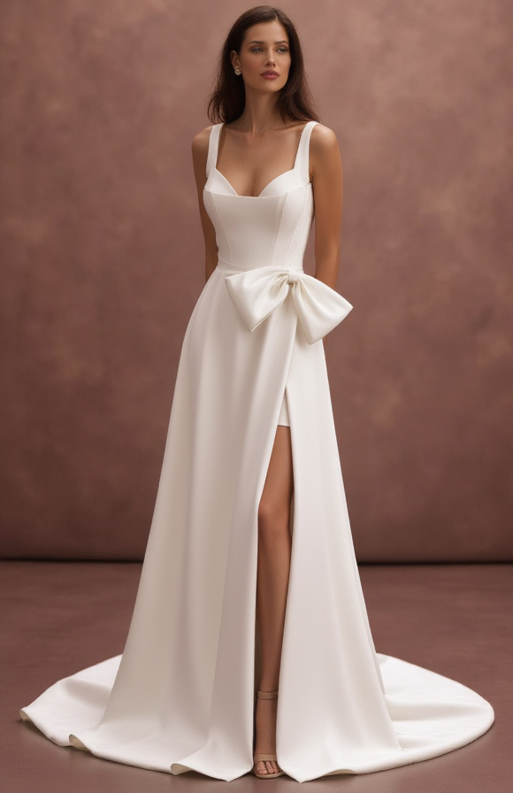 A-Line Bridal Dress with a Deep V-Neck for a Chic and Modern Bride backless New Satin split