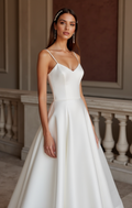 A-Line White Wedding Dress with a Simple V-neck for a Modern Look backless New Satin white