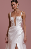 Stunning A-Line Bridal Gown with a Flowing Train for a Majestic Look backless mesh New Satin split