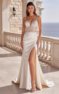 Classic A-Line Bridal Gown with Satin Skirt for a Luxurious Look backless mesh New Satin split