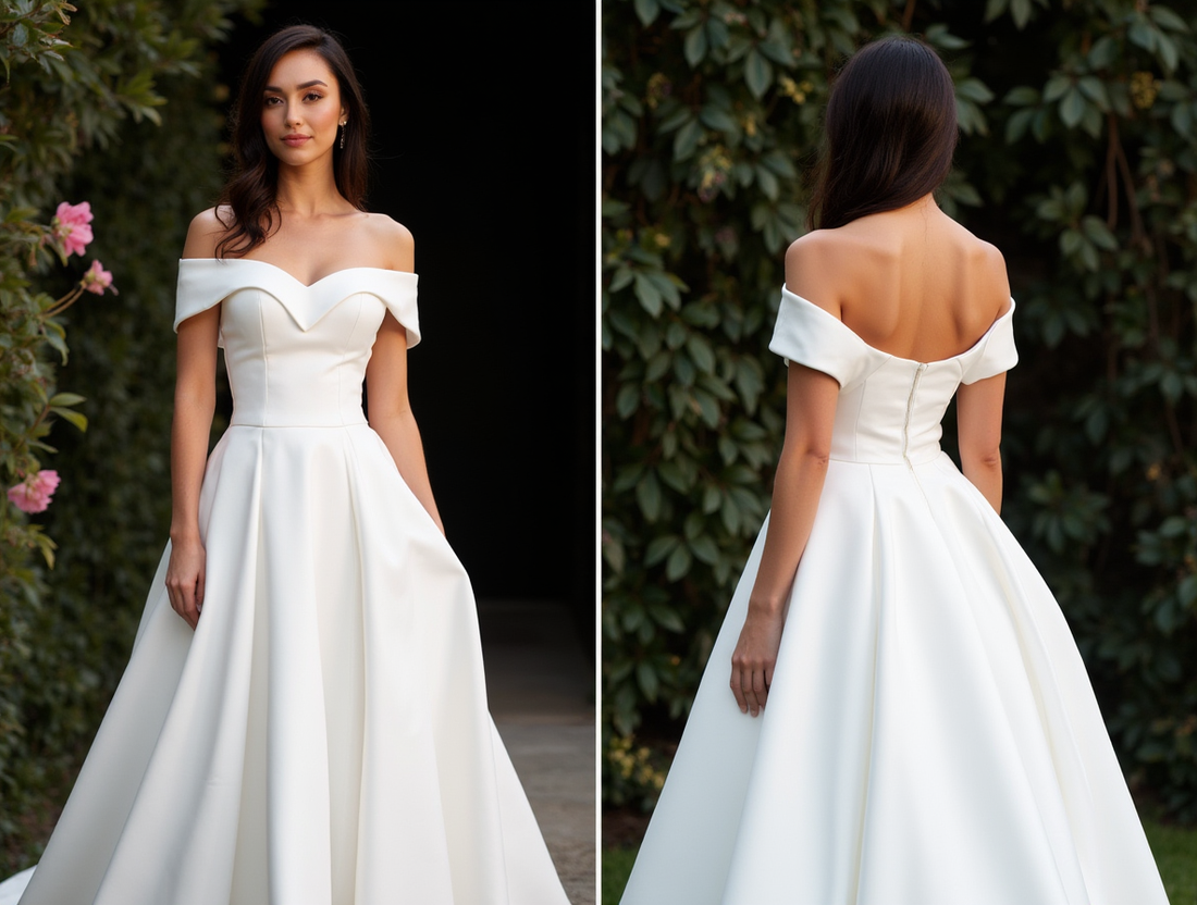White Elegant Princess Wedding Dress with Off-the-Shoulder Sleeves New Satin white