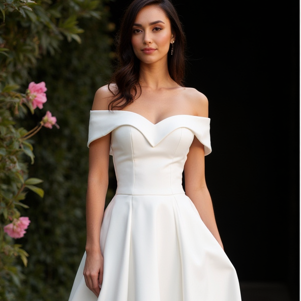 White Elegant Princess Wedding Dress with Off-the-Shoulder Sleeves New Satin white