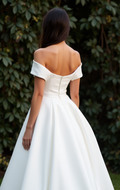 White Elegant Princess Wedding Dress with Off-the-Shoulder Sleeves New Satin white