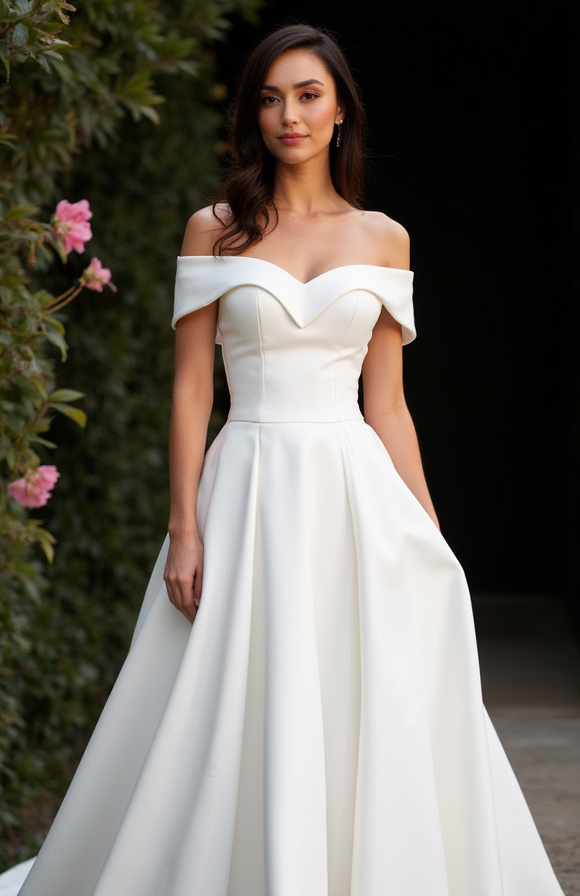 White Elegant Princess Wedding Dress with Off-the-Shoulder Sleeves New Satin white