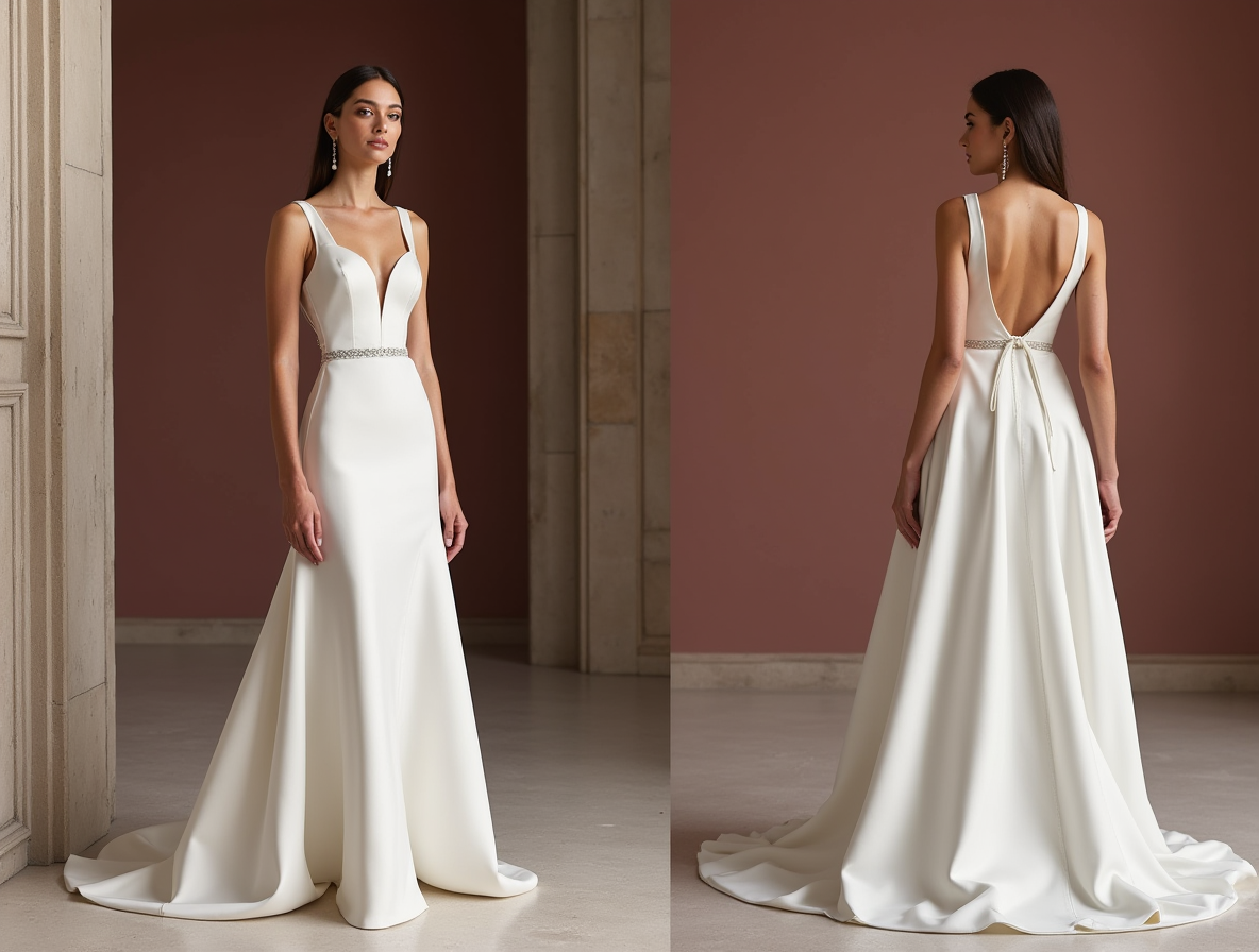 Flattering White A-Line Bridal Gown with a Natural Waistline for a Slim Fit backless New Satin white