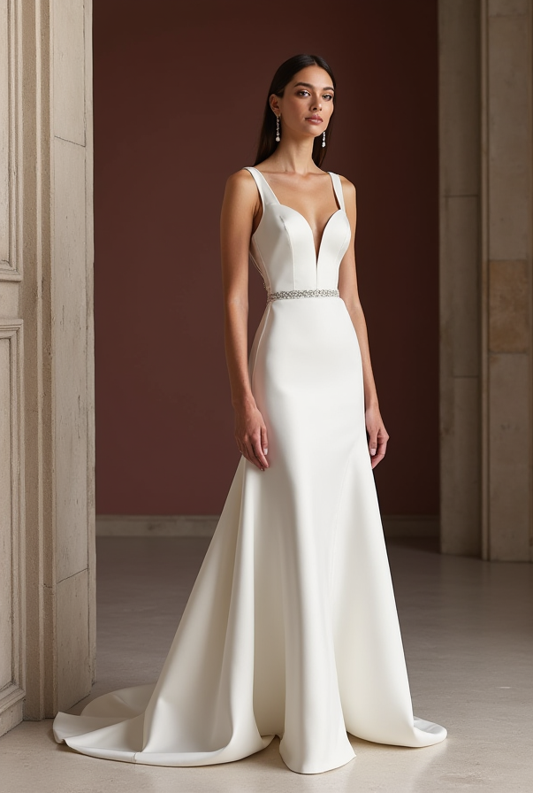 Flattering White A-Line Bridal Gown with a Natural Waistline for a Slim Fit backless New Satin white