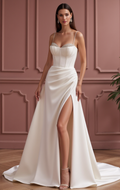 A-Line Wedding Dress with a Pleated Skirt for a Graceful Look backless New Satin