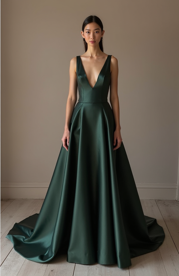 Flattering Green Evening Dress & Prom Gown with Ruched Fabric for a Sculpted Fit green New Satin