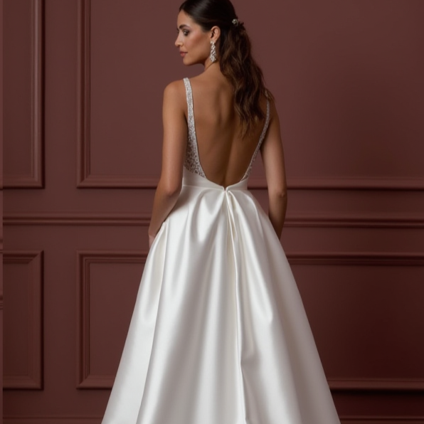 A-Line Wedding Dress with a Long Lace Train for a Dramatic Look backless embroidery New Satin