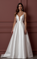 A-Line Wedding Dress with a Long Lace Train for a Dramatic Look backless embroidery New Satin
