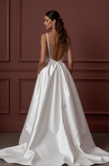 A-Line Wedding Dress with a Long Lace Train for a Dramatic Look backless embroidery New Satin