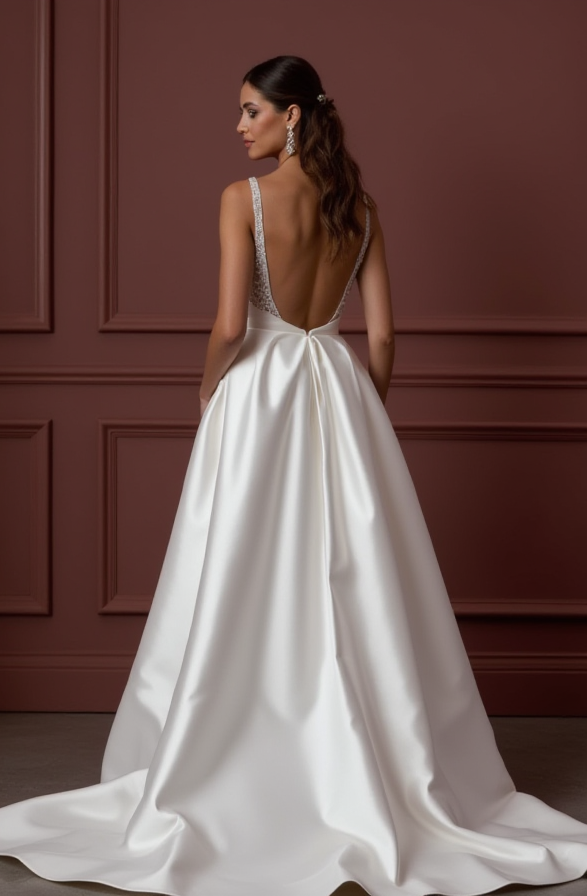 A-Line Wedding Dress with a Long Lace Train for a Dramatic Look backless embroidery New Satin
