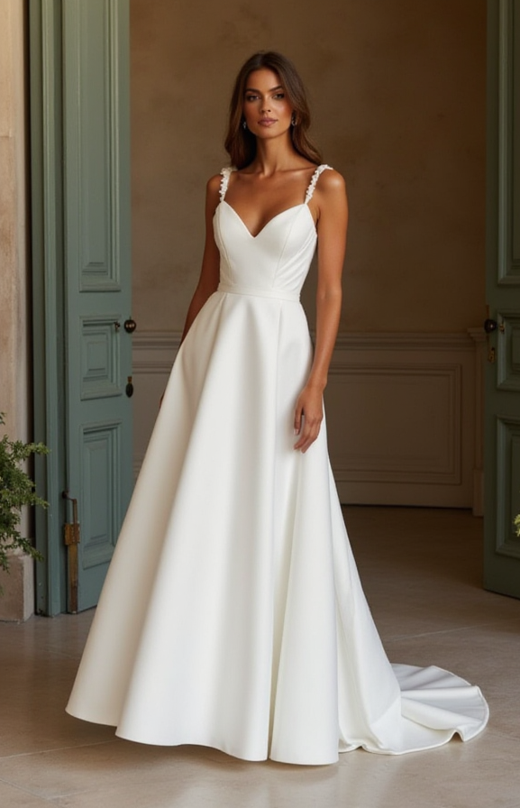 Timeless A-Line Wedding Dress with a Dramatic Off-the-Shoulder Neckline backless embroidery New Satin