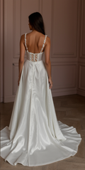 A-Line Wedding Dress with Beaded Bodice for a Glamorous Look backless New Satin