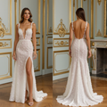 Romantic A-Line Gown with a Flowing Chiffon Skirt backless embroidery New Satin